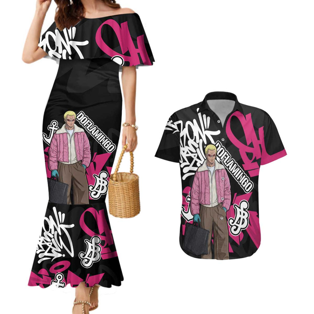 Donquixote Doflamingo One Piece Couples Matching Mermaid Dress and Hawaiian Shirt Graffiti Street Art Anime Collage