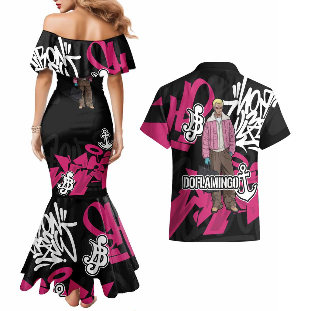Donquixote Doflamingo One Piece Couples Matching Mermaid Dress and Hawaiian Shirt Graffiti Street Art Anime Collage