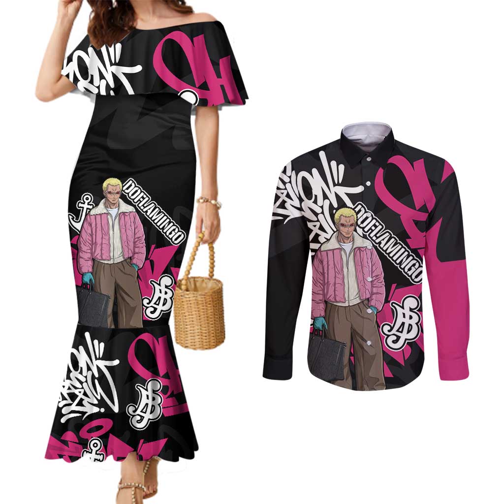 Donquixote Doflamingo One Piece Couples Matching Mermaid Dress and Long Sleeve Button Shirt Graffiti Street Art Anime Collage