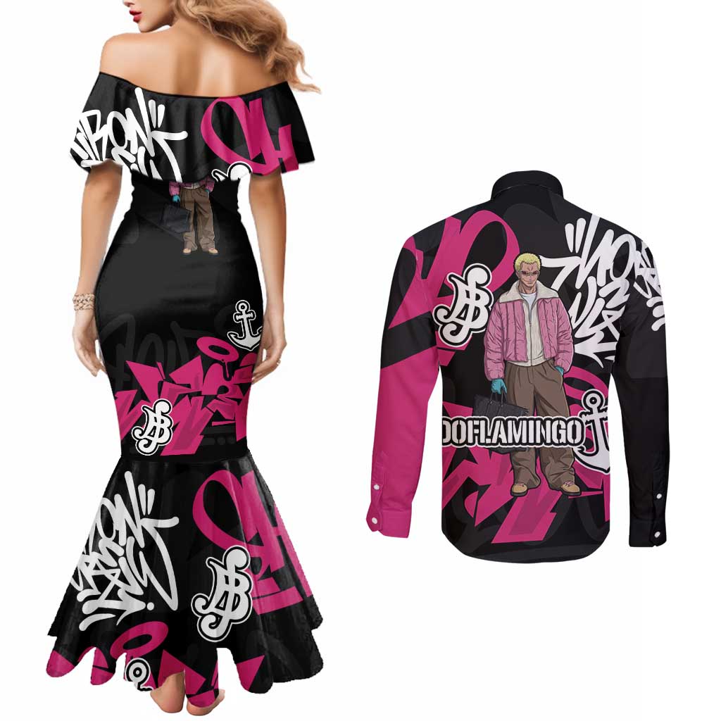 Donquixote Doflamingo One Piece Couples Matching Mermaid Dress and Long Sleeve Button Shirt Graffiti Street Art Anime Collage