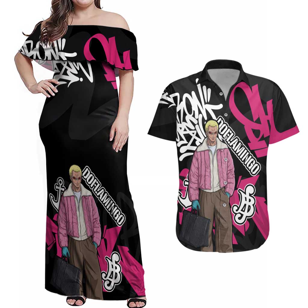 Donquixote Doflamingo One Piece Couples Matching Off Shoulder Maxi Dress and Hawaiian Shirt Graffiti Street Art Anime Collage