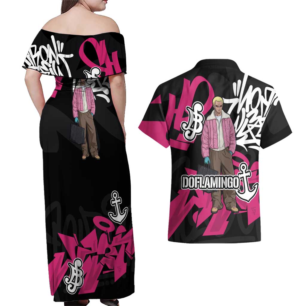 Donquixote Doflamingo One Piece Couples Matching Off Shoulder Maxi Dress and Hawaiian Shirt Graffiti Street Art Anime Collage