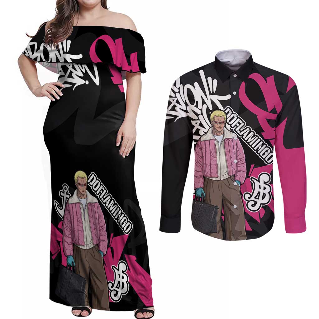 Donquixote Doflamingo One Piece Couples Matching Off Shoulder Maxi Dress and Long Sleeve Button Shirt Graffiti Street Art Anime Collage