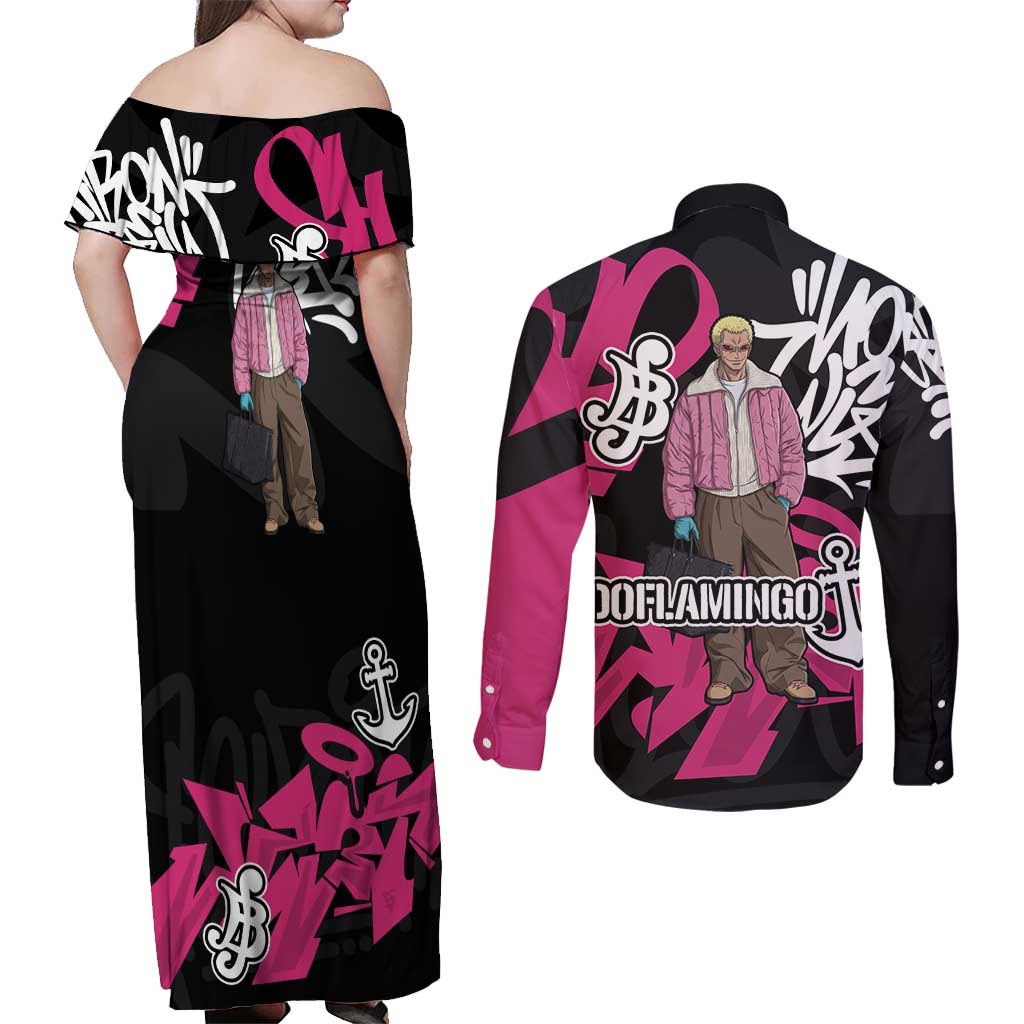 Donquixote Doflamingo One Piece Couples Matching Off Shoulder Maxi Dress and Long Sleeve Button Shirt Graffiti Street Art Anime Collage