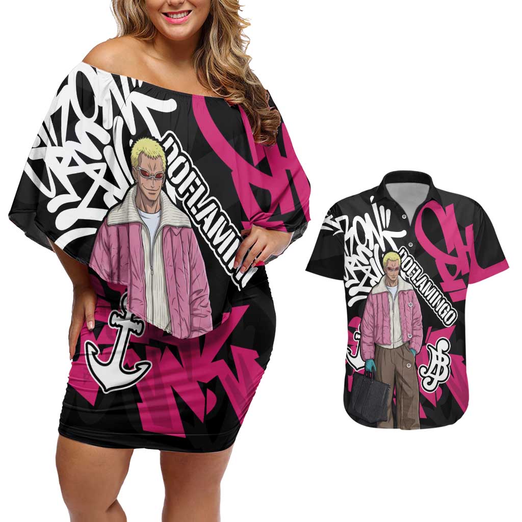 Donquixote Doflamingo One Piece Couples Matching Off Shoulder Short Dress and Hawaiian Shirt Graffiti Street Art Anime Collage