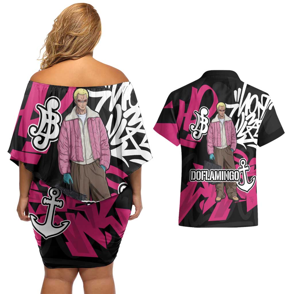 Donquixote Doflamingo One Piece Couples Matching Off Shoulder Short Dress and Hawaiian Shirt Graffiti Street Art Anime Collage