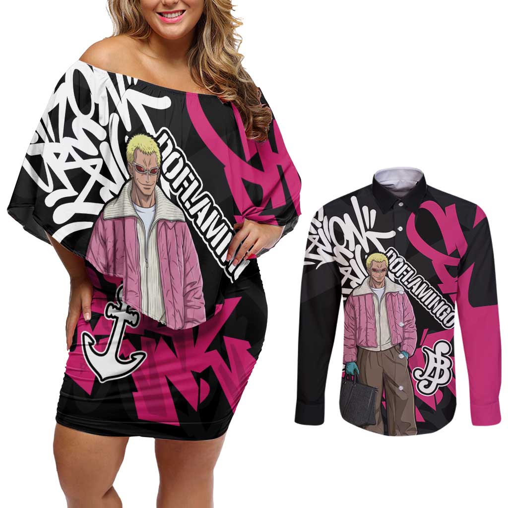Donquixote Doflamingo One Piece Couples Matching Off Shoulder Short Dress and Long Sleeve Button Shirt Graffiti Street Art Anime Collage