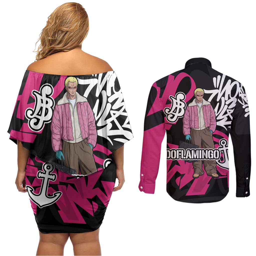 Donquixote Doflamingo One Piece Couples Matching Off Shoulder Short Dress and Long Sleeve Button Shirt Graffiti Street Art Anime Collage