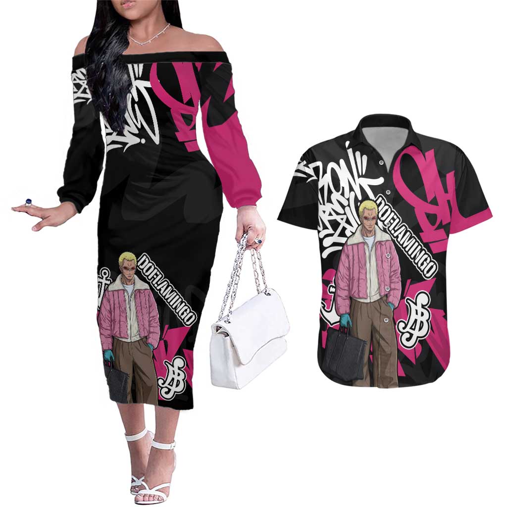 Donquixote Doflamingo One Piece Couples Matching Off The Shoulder Long Sleeve Dress and Hawaiian Shirt Graffiti Street Art Anime Collage