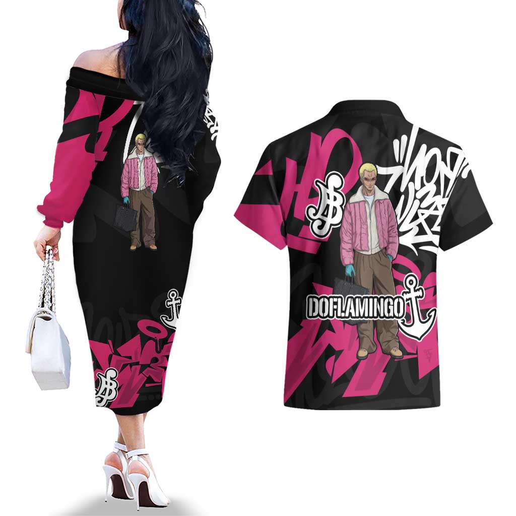 Donquixote Doflamingo One Piece Couples Matching Off The Shoulder Long Sleeve Dress and Hawaiian Shirt Graffiti Street Art Anime Collage