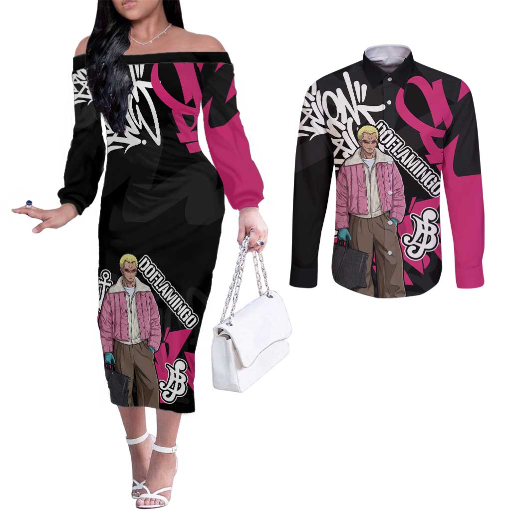 Donquixote Doflamingo One Piece Couples Matching Off The Shoulder Long Sleeve Dress and Long Sleeve Button Shirt Graffiti Street Art Anime Collage
