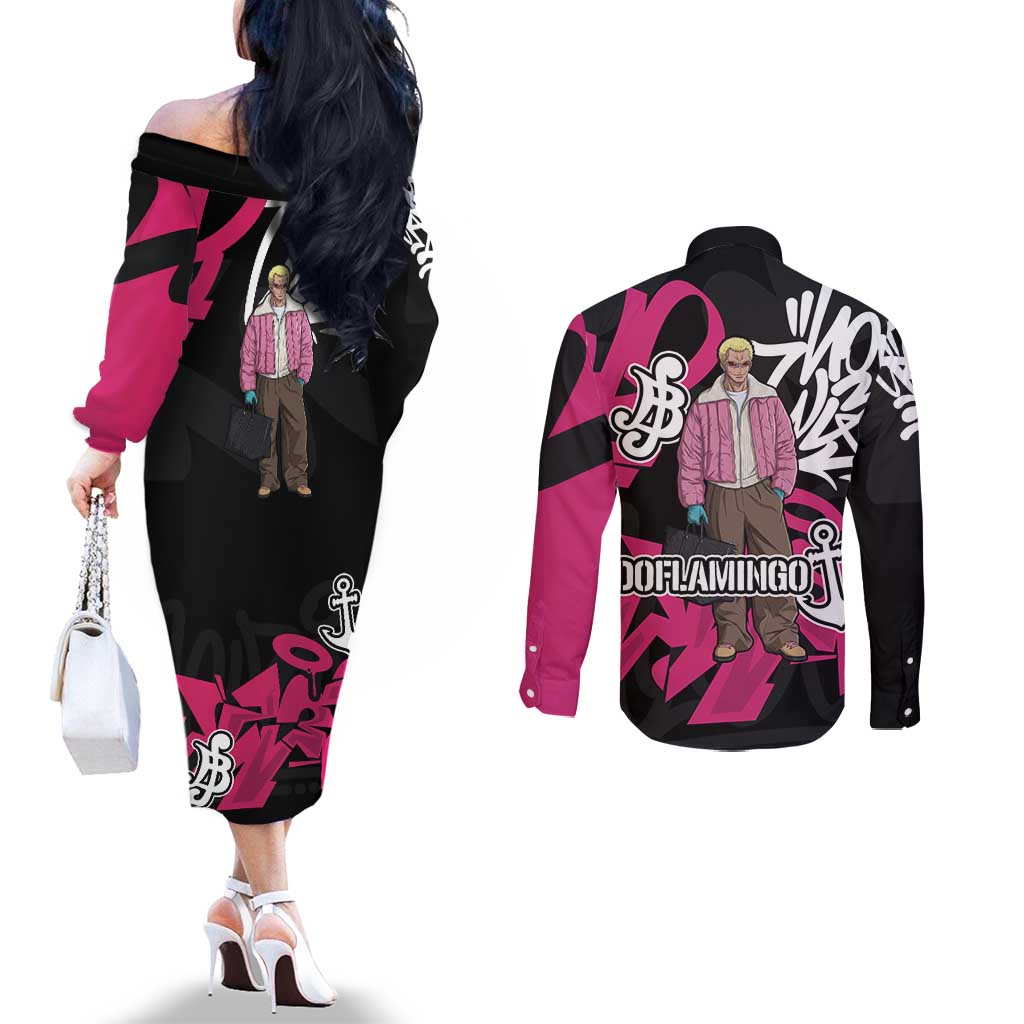 Donquixote Doflamingo One Piece Couples Matching Off The Shoulder Long Sleeve Dress and Long Sleeve Button Shirt Graffiti Street Art Anime Collage