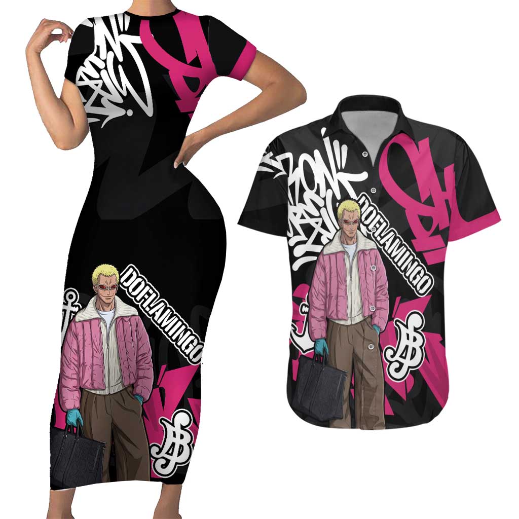 Donquixote Doflamingo One Piece Couples Matching Short Sleeve Bodycon Dress and Hawaiian Shirt Graffiti Street Art Anime Collage