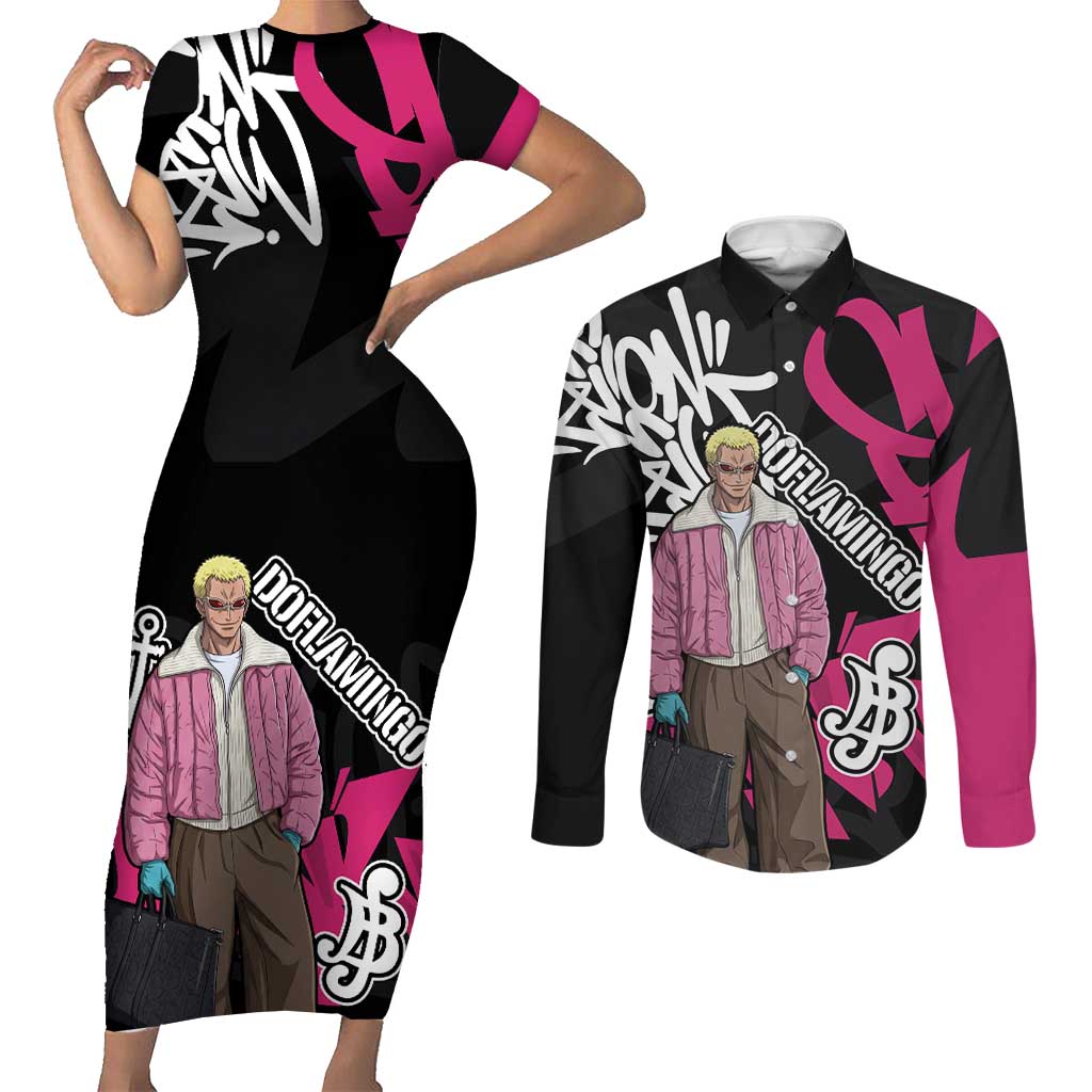 Donquixote Doflamingo One Piece Couples Matching Short Sleeve Bodycon Dress and Long Sleeve Button Shirt Graffiti Street Art Anime Collage