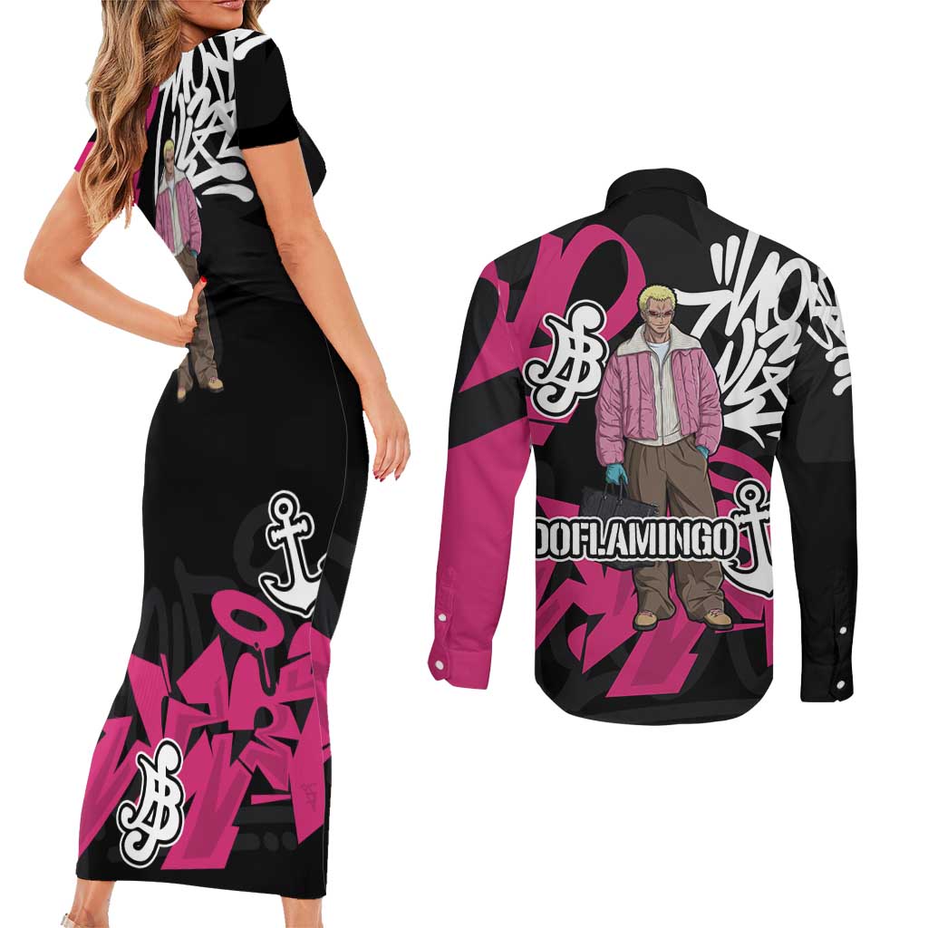 Donquixote Doflamingo One Piece Couples Matching Short Sleeve Bodycon Dress and Long Sleeve Button Shirt Graffiti Street Art Anime Collage