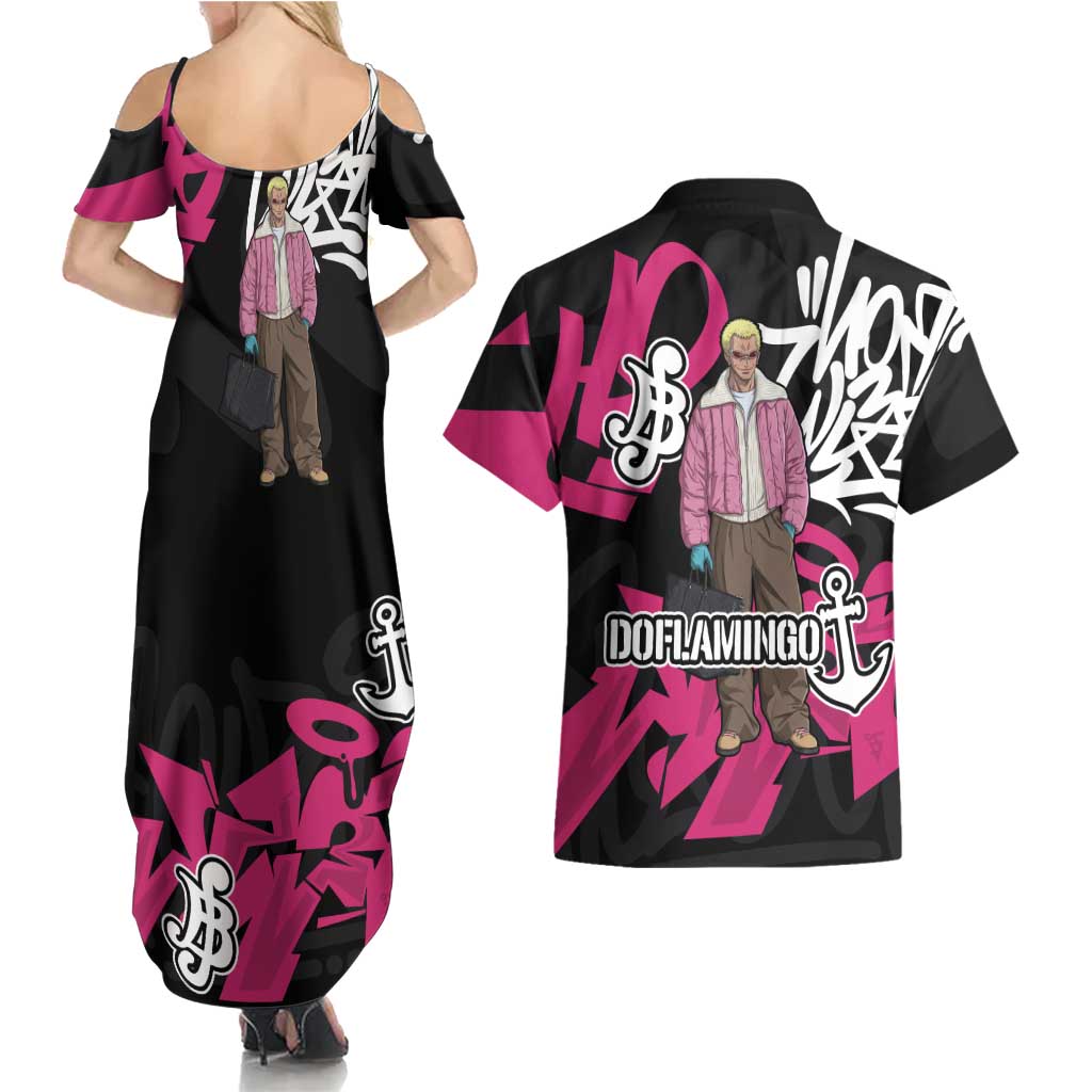 Donquixote Doflamingo One Piece Couples Matching Summer Maxi Dress and Hawaiian Shirt Graffiti Street Art Anime Collage