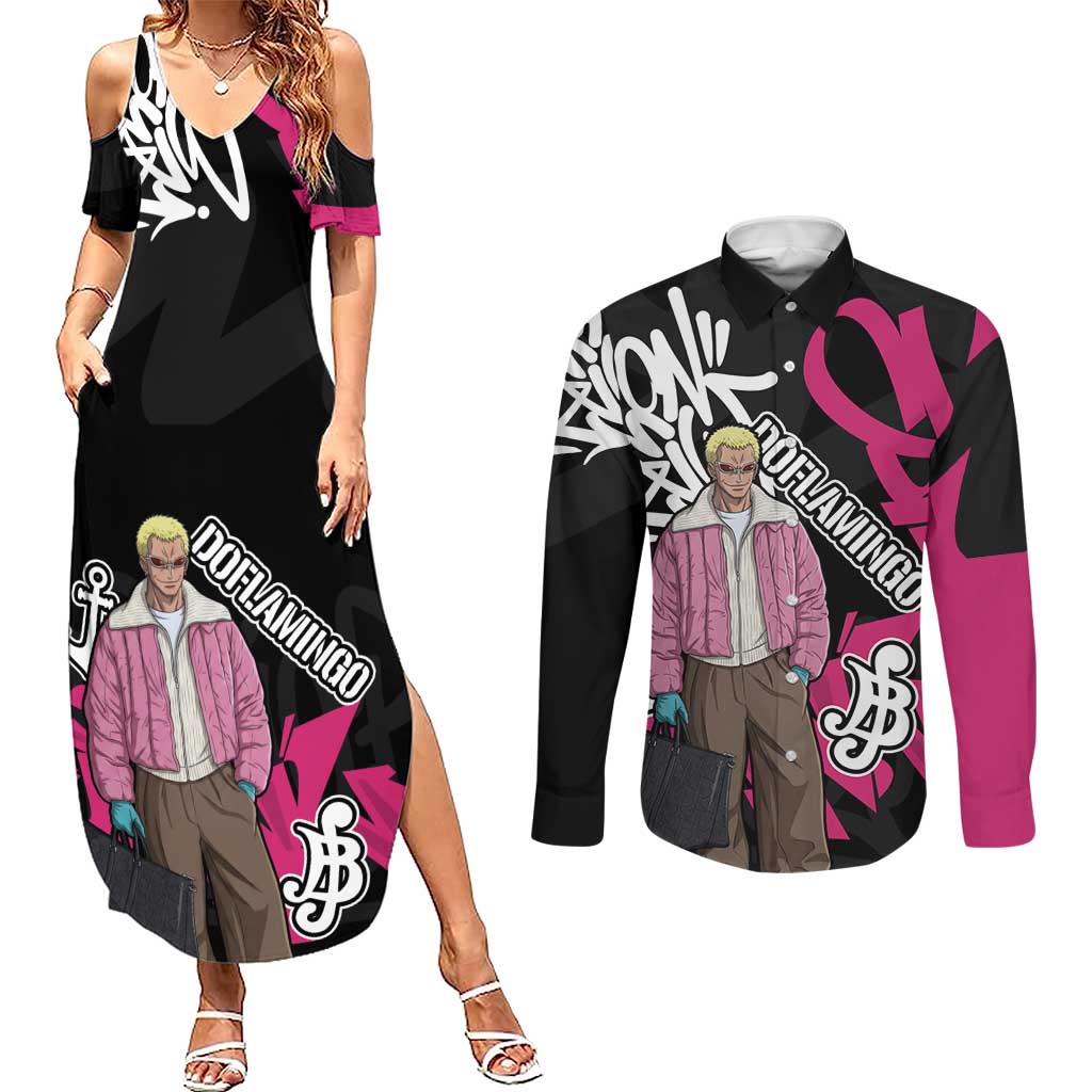 Donquixote Doflamingo One Piece Couples Matching Summer Maxi Dress and Long Sleeve Button Shirt Graffiti Street Art Anime Collage