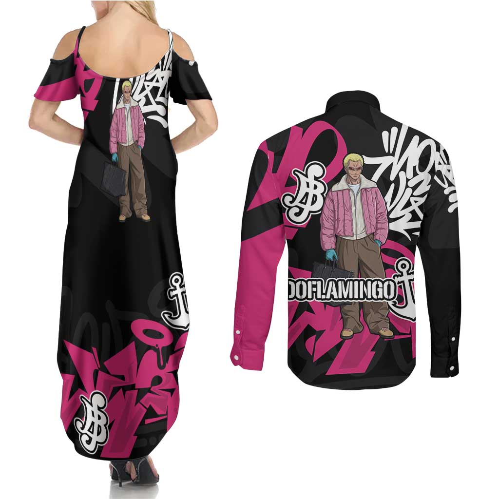 Donquixote Doflamingo One Piece Couples Matching Summer Maxi Dress and Long Sleeve Button Shirt Graffiti Street Art Anime Collage