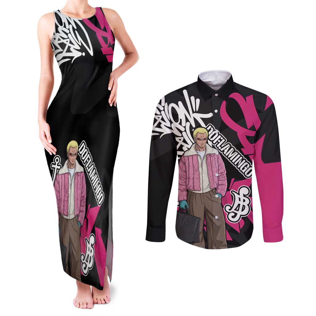 Donquixote Doflamingo One Piece Couples Matching Tank Maxi Dress and Long Sleeve Button Shirt Graffiti Street Art Anime Collage