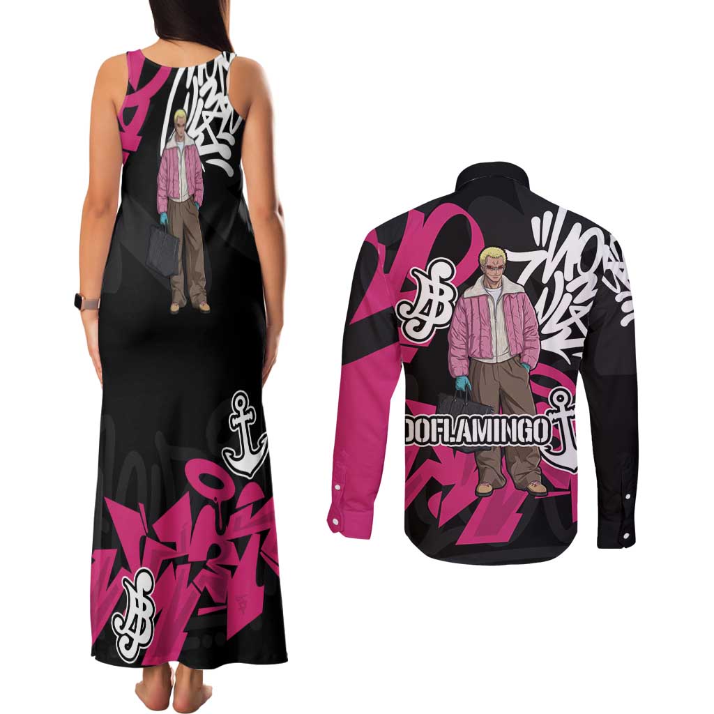 Donquixote Doflamingo One Piece Couples Matching Tank Maxi Dress and Long Sleeve Button Shirt Graffiti Street Art Anime Collage