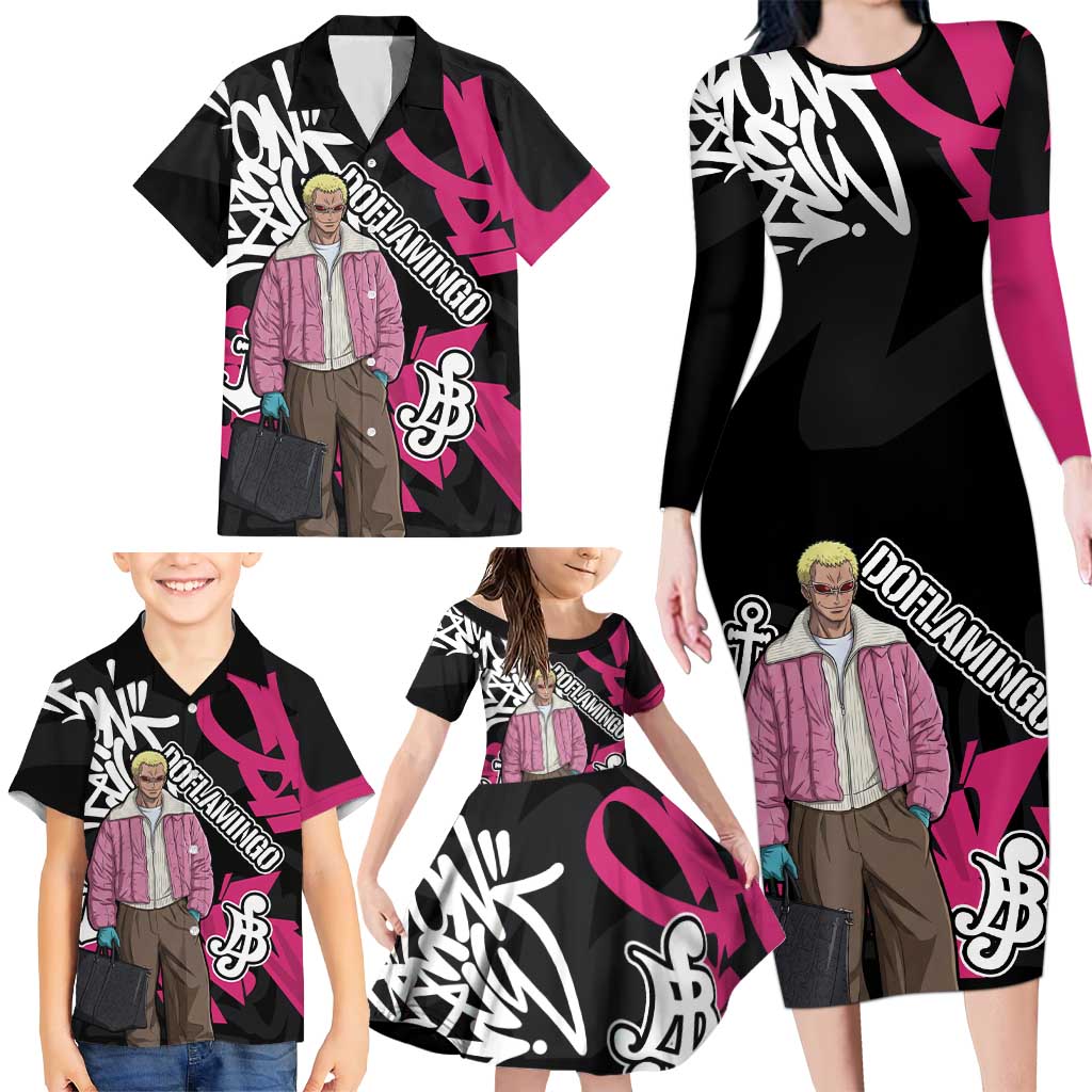 Donquixote Doflamingo One Piece Family Matching Long Sleeve Bodycon Dress and Hawaiian Shirt Graffiti Street Art Anime Collage