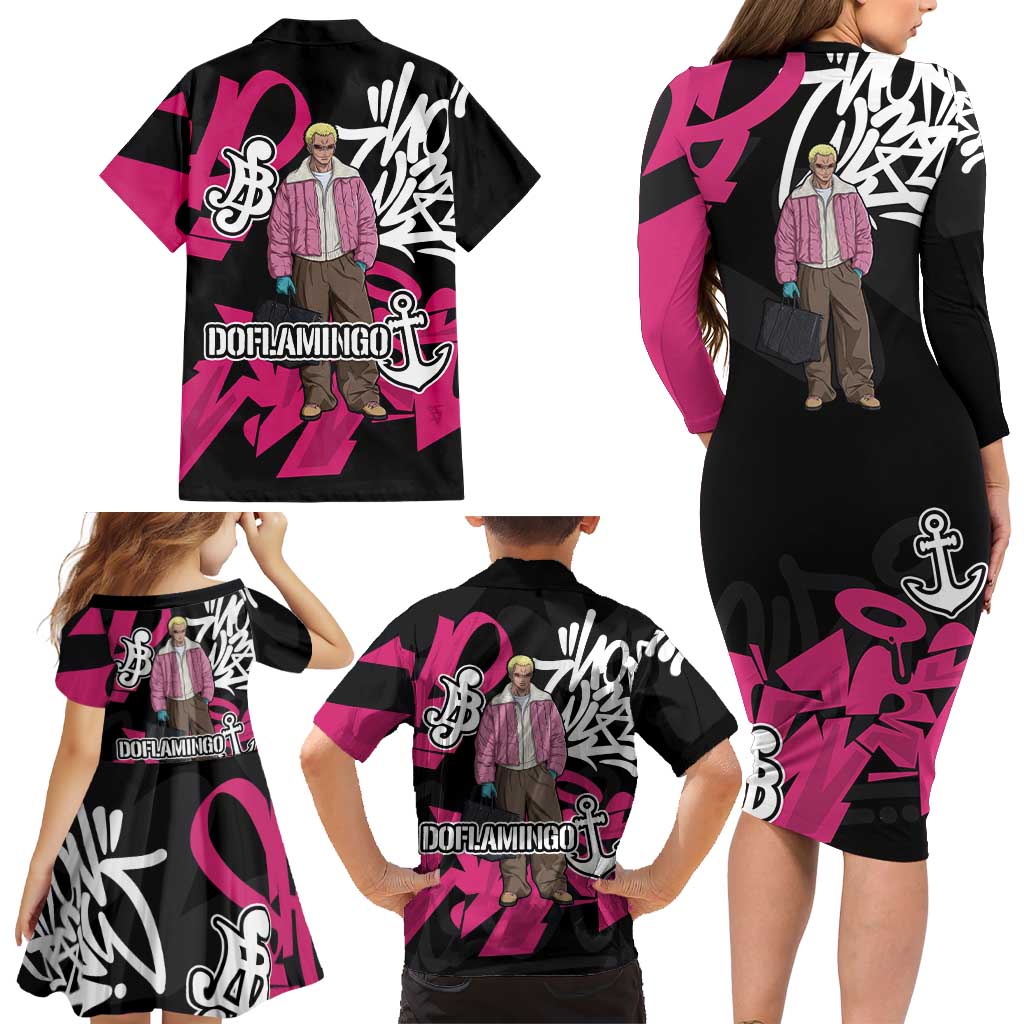 Donquixote Doflamingo One Piece Family Matching Long Sleeve Bodycon Dress and Hawaiian Shirt Graffiti Street Art Anime Collage