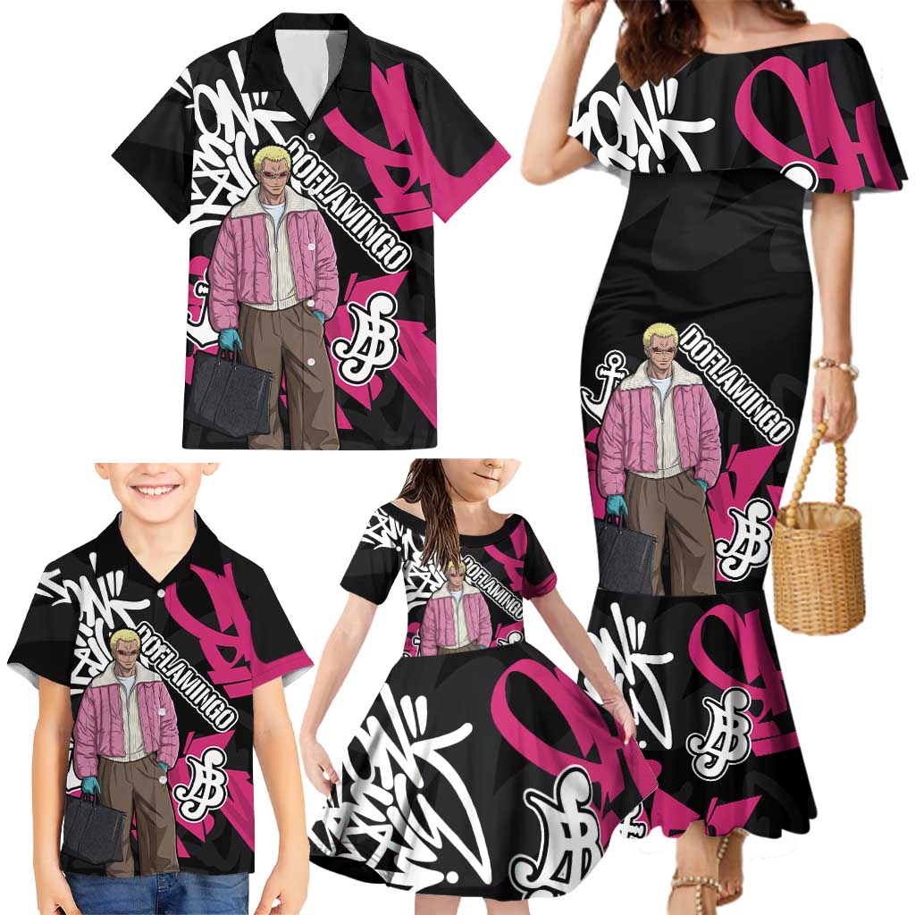 Donquixote Doflamingo One Piece Family Matching Mermaid Dress and Hawaiian Shirt Graffiti Street Art Anime Collage