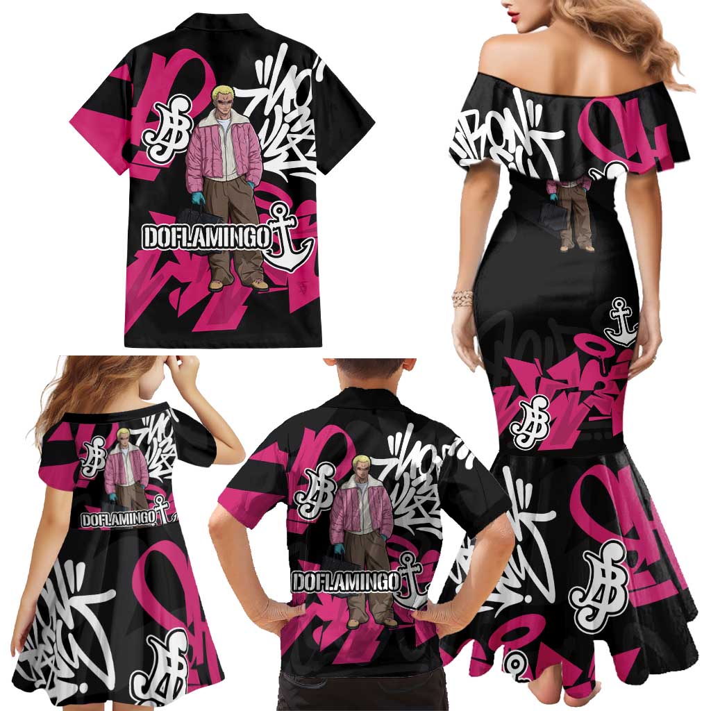 Donquixote Doflamingo One Piece Family Matching Mermaid Dress and Hawaiian Shirt Graffiti Street Art Anime Collage