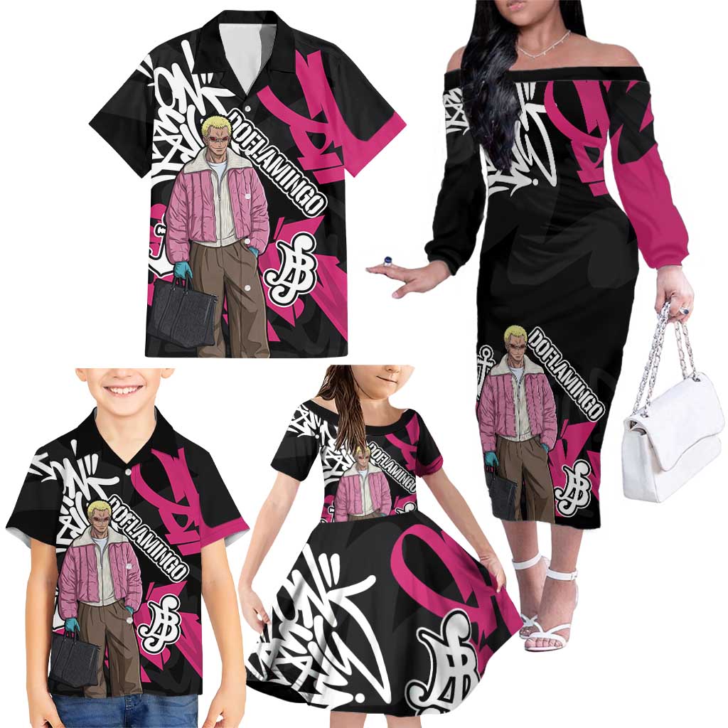 Donquixote Doflamingo One Piece Family Matching Off The Shoulder Long Sleeve Dress and Hawaiian Shirt Graffiti Street Art Anime Collage