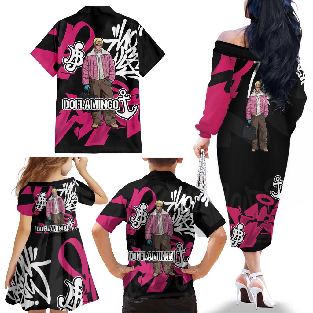 Donquixote Doflamingo One Piece Family Matching Off The Shoulder Long Sleeve Dress and Hawaiian Shirt Graffiti Street Art Anime Collage