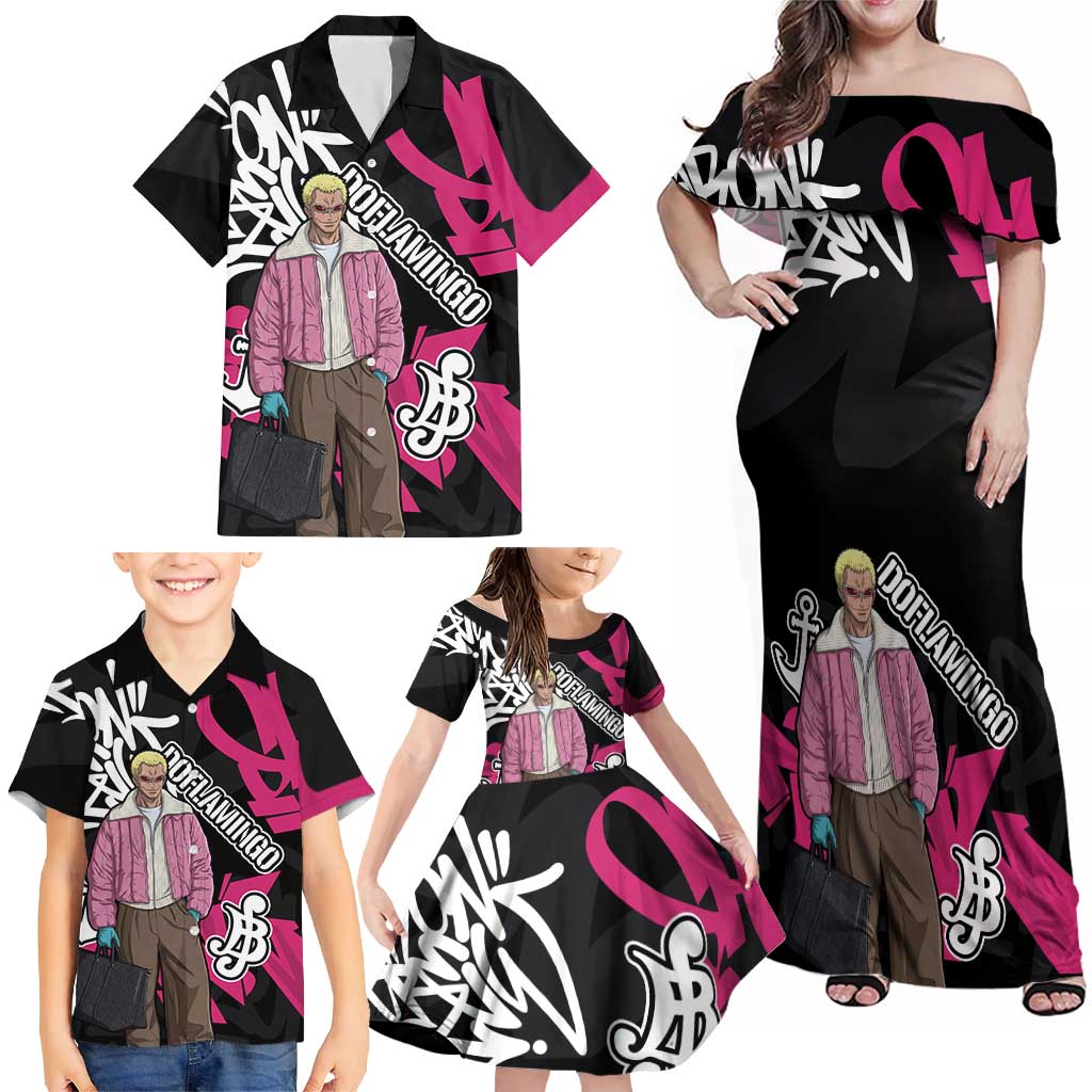 Donquixote Doflamingo One Piece Family Matching Off Shoulder Maxi Dress and Hawaiian Shirt Graffiti Street Art Anime Collage