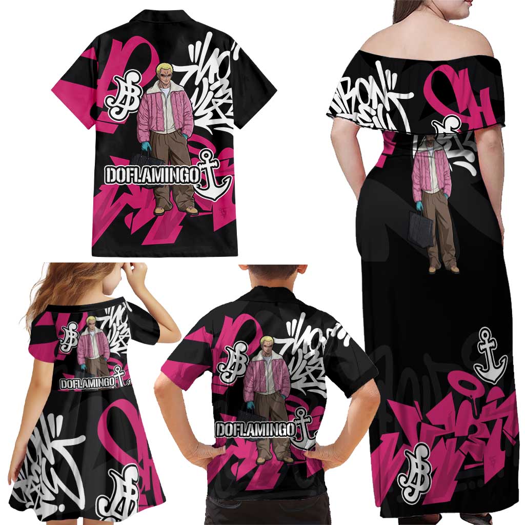 Donquixote Doflamingo One Piece Family Matching Off Shoulder Maxi Dress and Hawaiian Shirt Graffiti Street Art Anime Collage