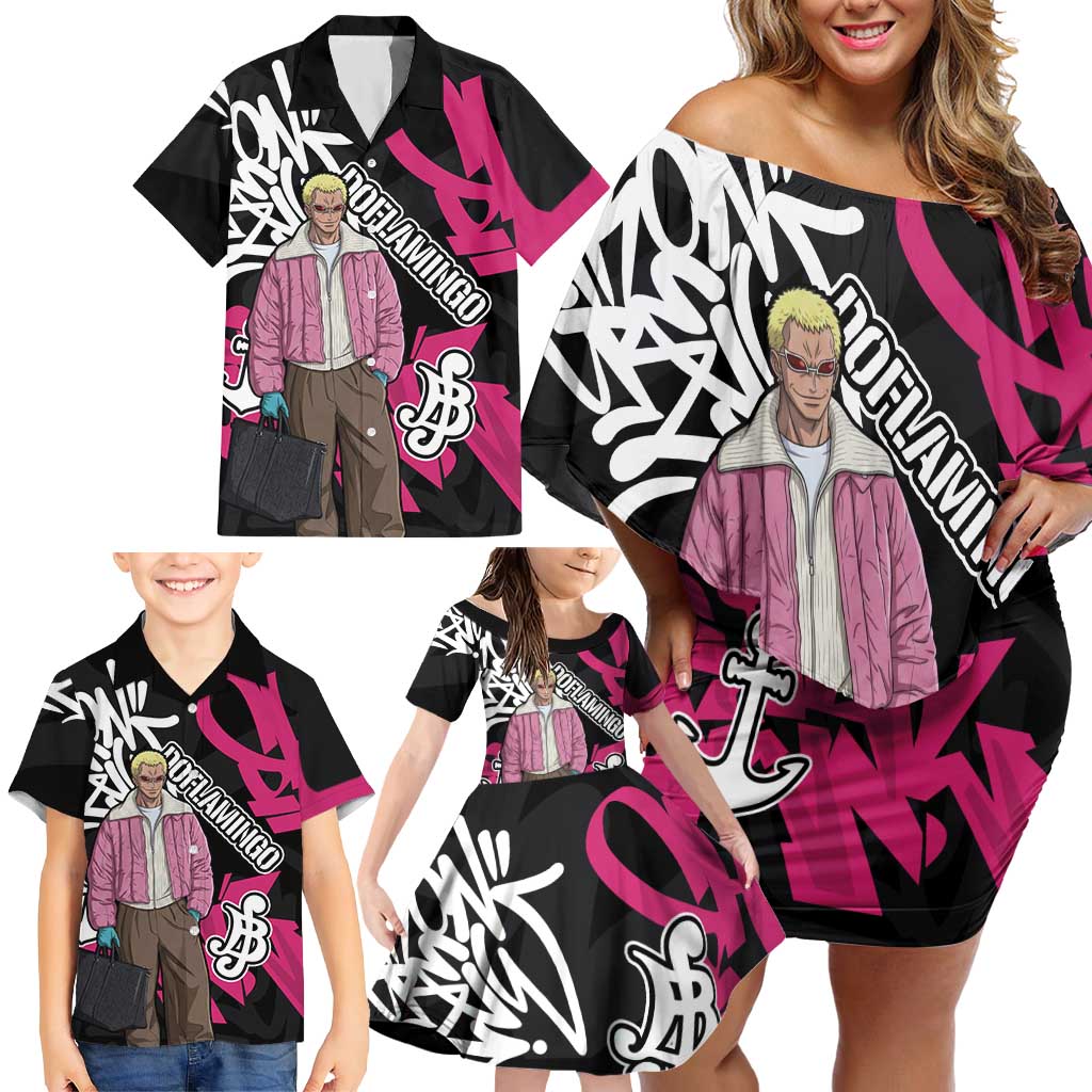 Donquixote Doflamingo One Piece Family Matching Off Shoulder Short Dress and Hawaiian Shirt Graffiti Street Art Anime Collage