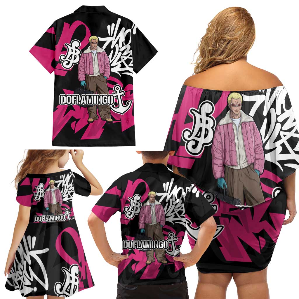 Donquixote Doflamingo One Piece Family Matching Off Shoulder Short Dress and Hawaiian Shirt Graffiti Street Art Anime Collage