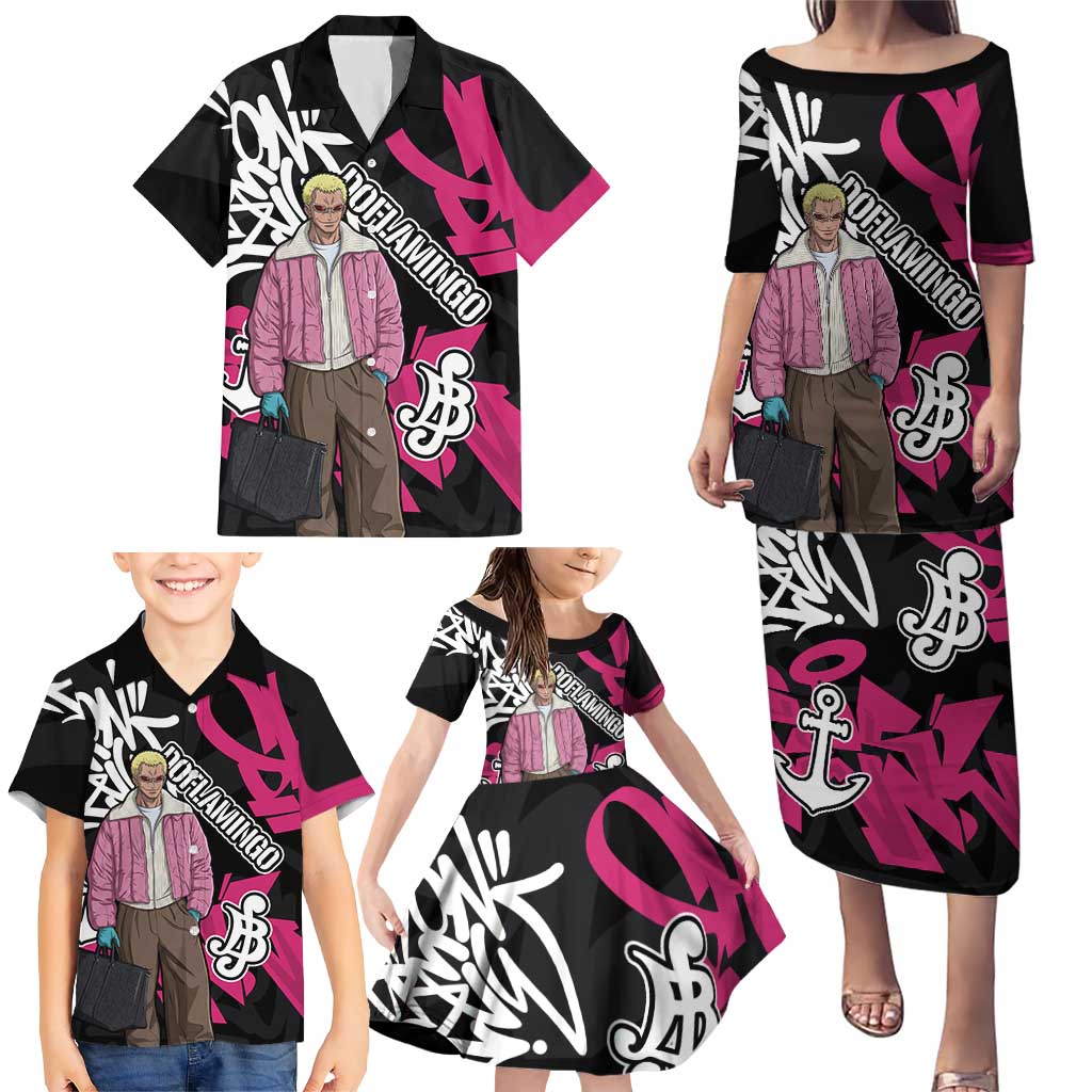 Donquixote Doflamingo One Piece Family Matching Puletasi and Hawaiian Shirt Graffiti Street Art Anime Collage