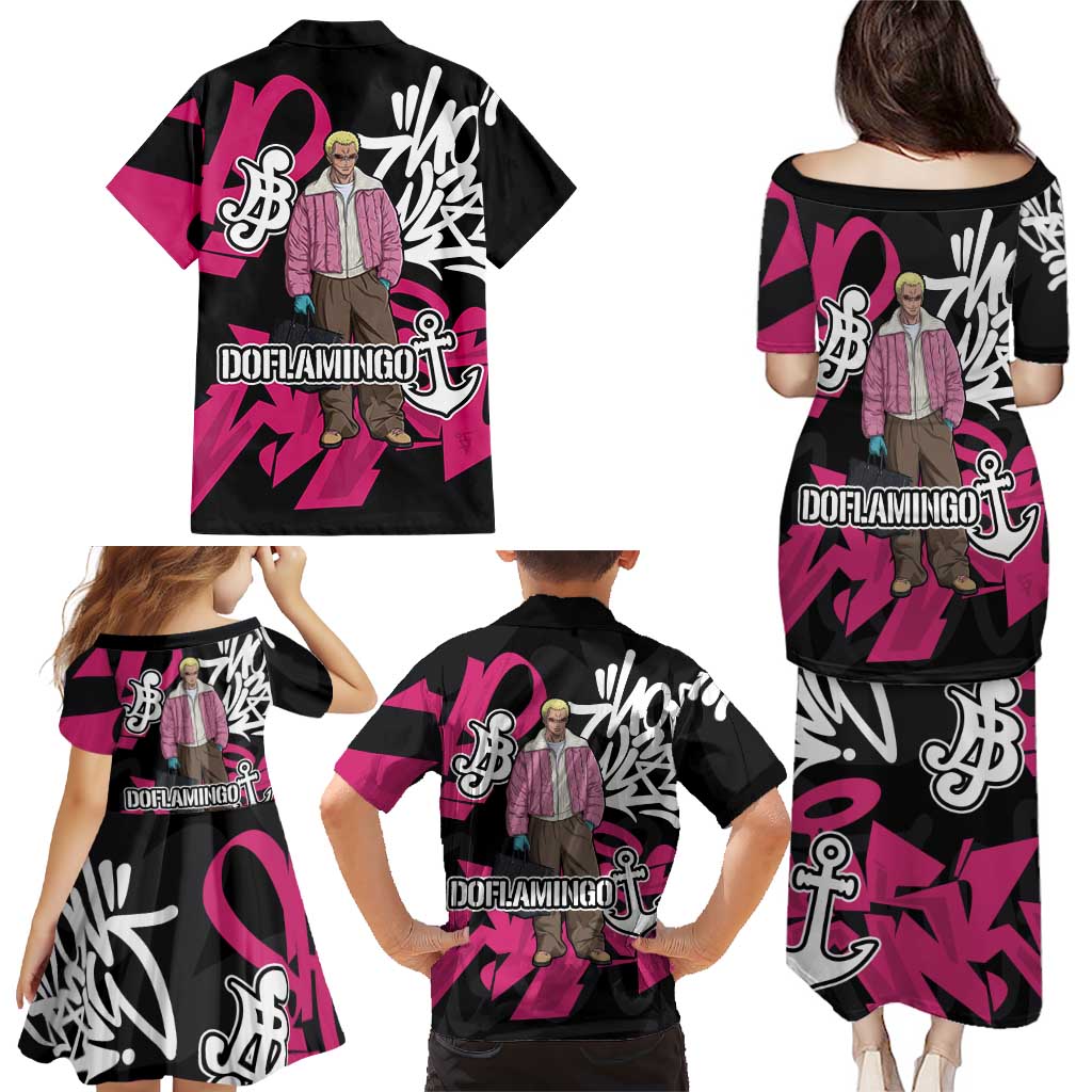 Donquixote Doflamingo One Piece Family Matching Puletasi and Hawaiian Shirt Graffiti Street Art Anime Collage
