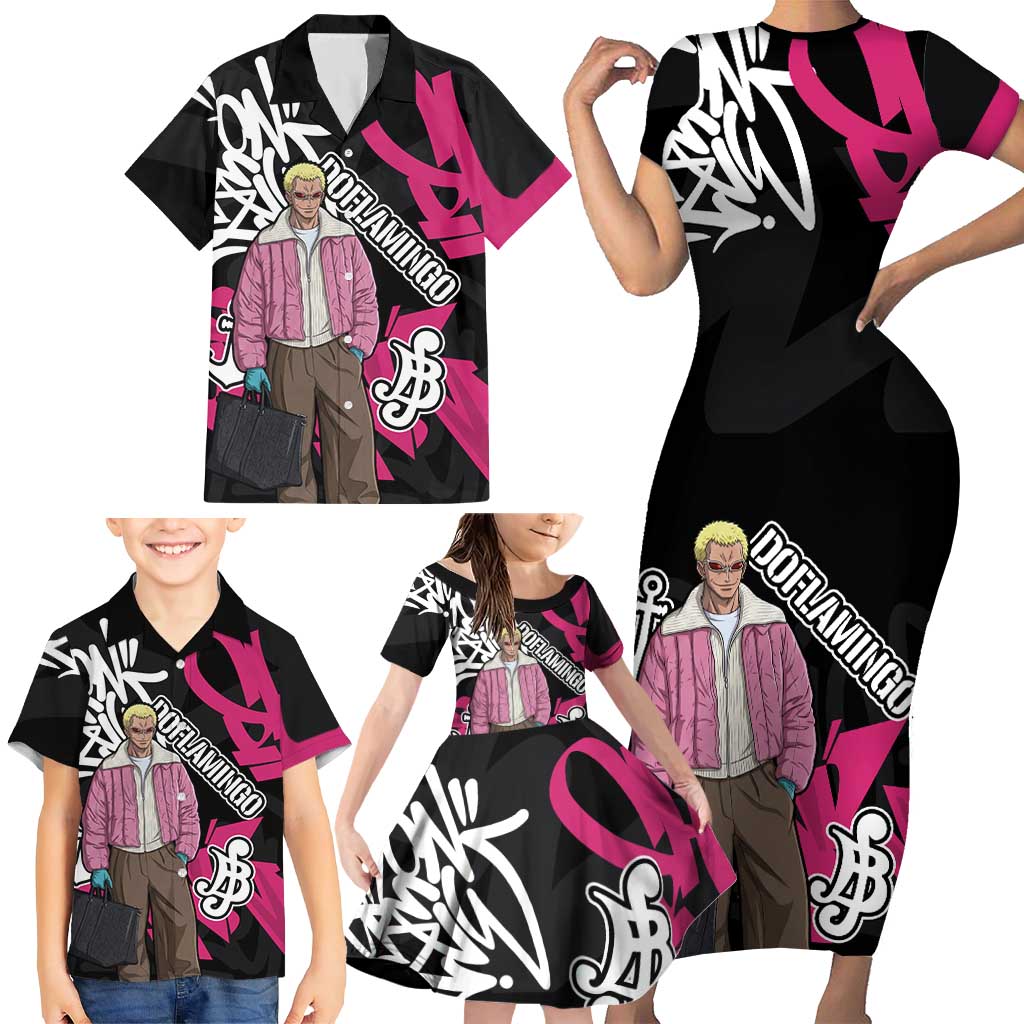 Donquixote Doflamingo One Piece Family Matching Short Sleeve Bodycon Dress and Hawaiian Shirt Graffiti Street Art Anime Collage