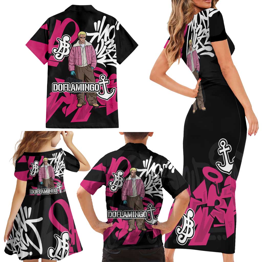 Donquixote Doflamingo One Piece Family Matching Short Sleeve Bodycon Dress and Hawaiian Shirt Graffiti Street Art Anime Collage