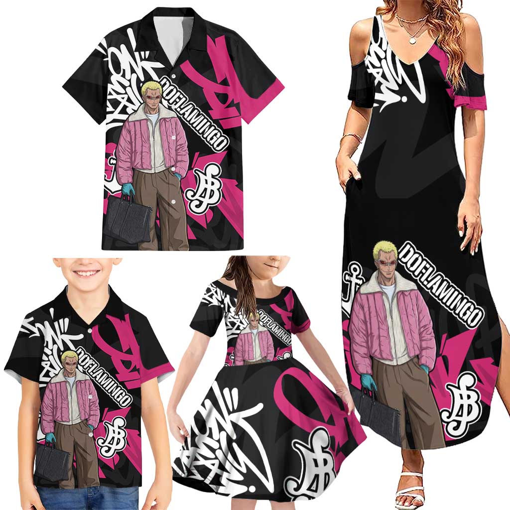 Donquixote Doflamingo One Piece Family Matching Summer Maxi Dress and Hawaiian Shirt Graffiti Street Art Anime Collage
