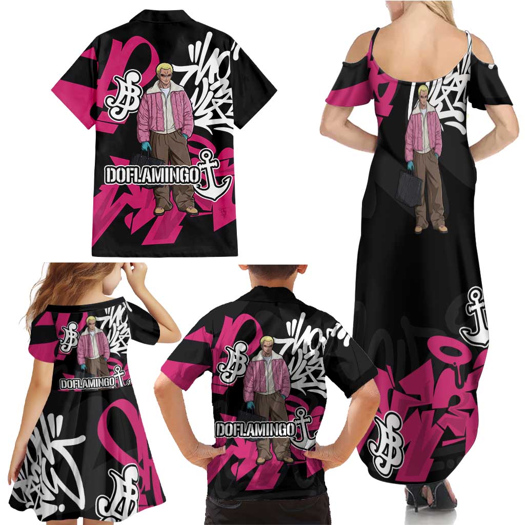 Donquixote Doflamingo One Piece Family Matching Summer Maxi Dress and Hawaiian Shirt Graffiti Street Art Anime Collage