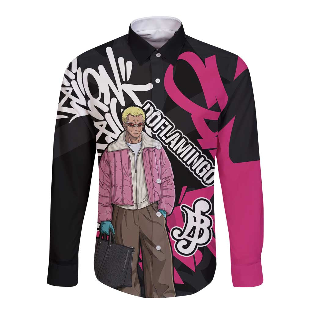 Donquixote Doflamingo One Piece Long Sleeve Button Shirt Graffiti Street Art Anime Collage
