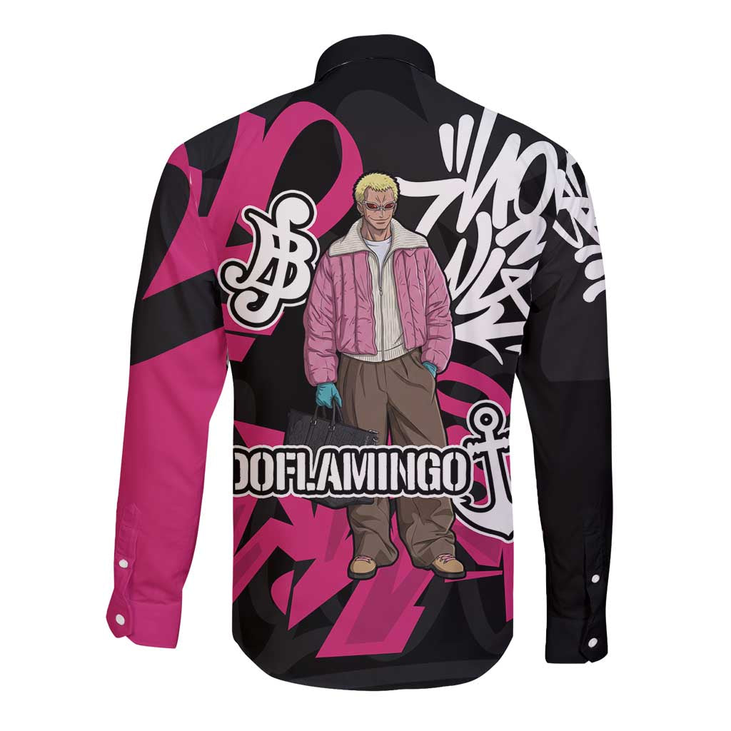 Donquixote Doflamingo One Piece Long Sleeve Button Shirt Graffiti Street Art Anime Collage