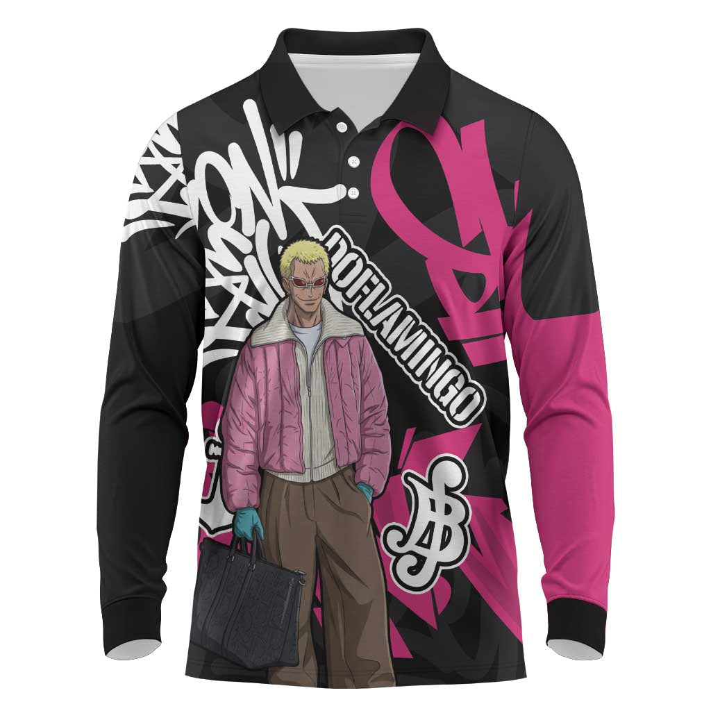 Donquixote Doflamingo One Piece Long Sleeve Polo Shirt Graffiti Street Art Anime Collage