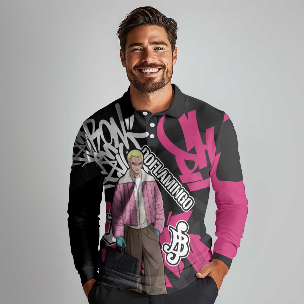 Donquixote Doflamingo One Piece Long Sleeve Polo Shirt Graffiti Street Art Anime Collage