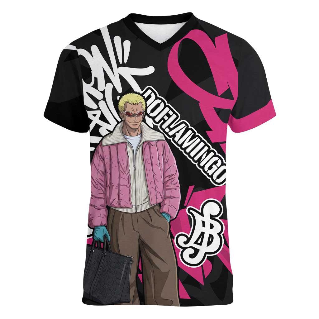Donquixote Doflamingo One Piece Women V-Neck T-Shirt Graffiti Street Art Anime Collage