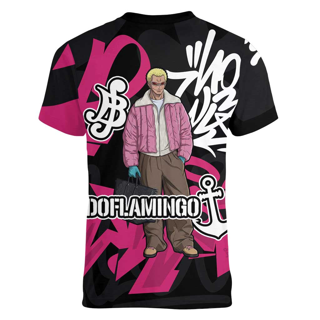 Donquixote Doflamingo One Piece Women V-Neck T-Shirt Graffiti Street Art Anime Collage