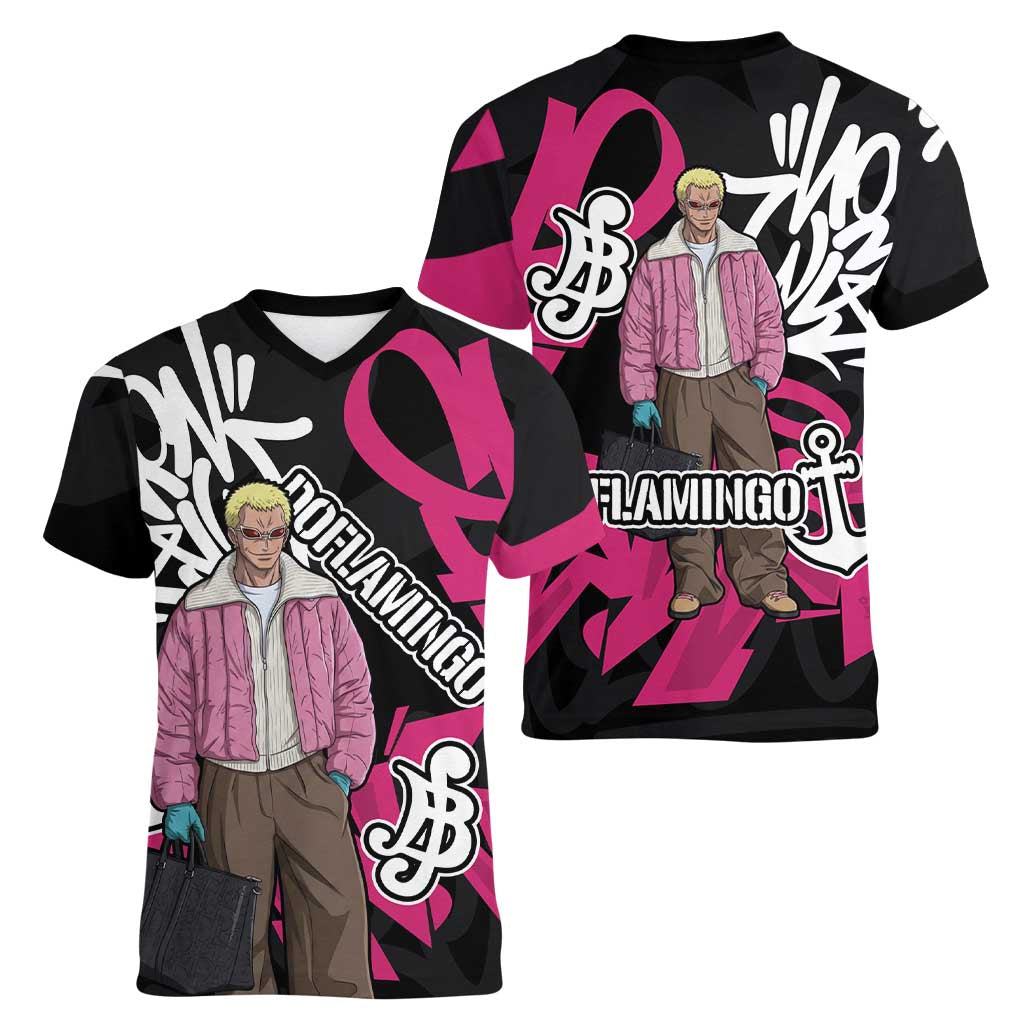 Donquixote Doflamingo One Piece Women V-Neck T-Shirt Graffiti Street Art Anime Collage