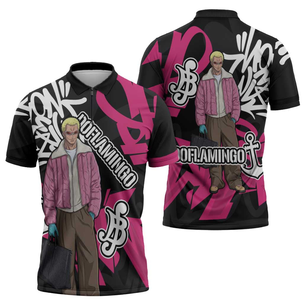 Donquixote Doflamingo One Piece Zipper Polo Shirt Graffiti Street Art Anime Collage