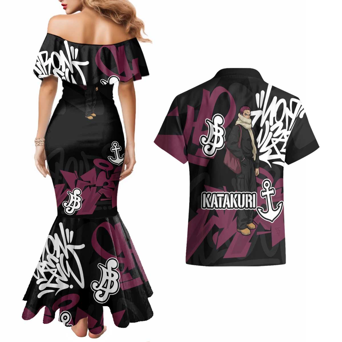 Charlotte Katakuri One Piece Couples Matching Mermaid Dress and Hawaiian Shirt Graffiti Street Art Anime Collage