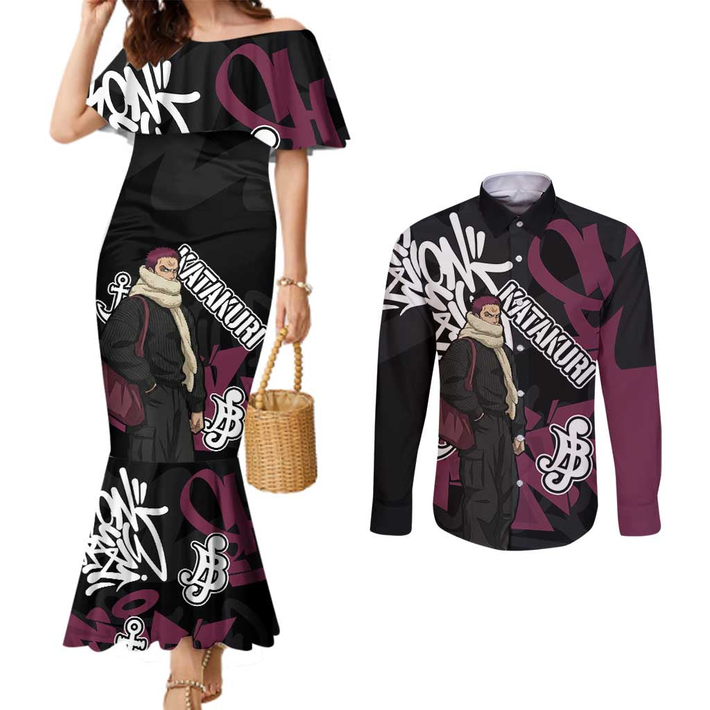 Charlotte Katakuri One Piece Couples Matching Mermaid Dress and Long Sleeve Button Shirt Graffiti Street Art Anime Collage